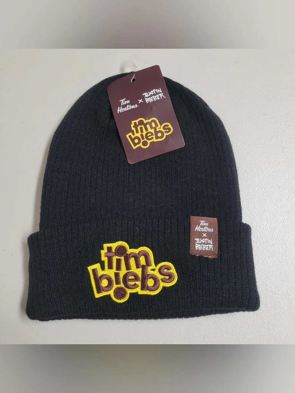 NWT Justin Bieber X Tim Hortons Black 'Tim Biebs' Beanie Hat Cap.